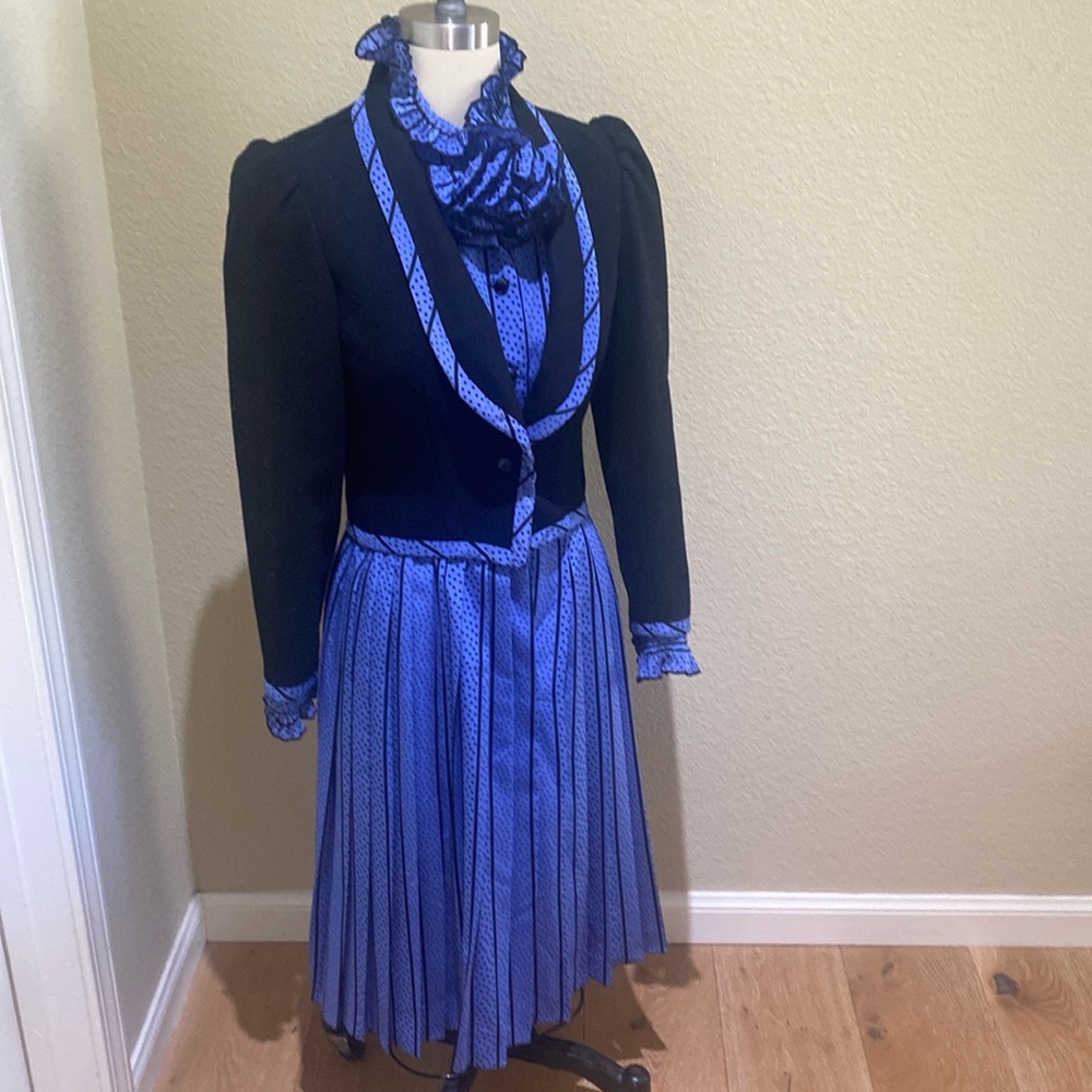 Rare vintage blue polka dot Victor Costa dress with black wool jacket.